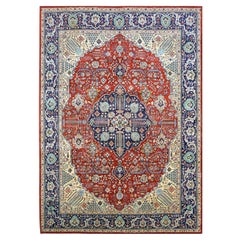 1930s Vintage Persian Tabriz 9x13 Ivory, Red, & Navy Handmade Area Rug