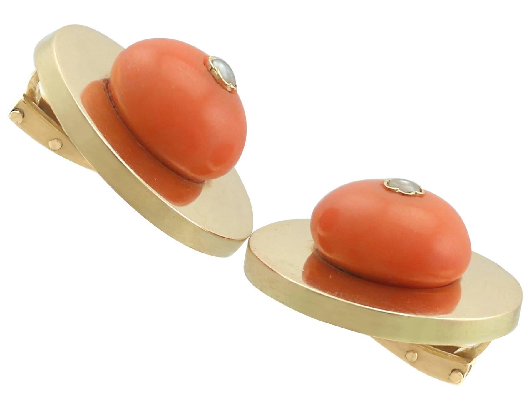 Cabochon 1930s Antique Red Coral and Seed Pearl Yellow Gold Clip-On Earrings For Sale