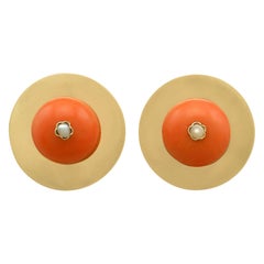 1930s Antique Red Coral and Seed Pearl Yellow Gold Clip-On Earrings