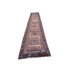 1930s Antique Red Rust Traditional Geometric Malayer Handknotted Wool Runner Rug