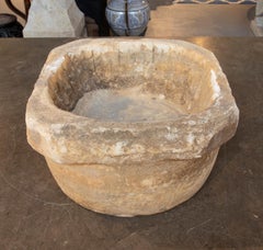 1930s Antique Round Marble Mortar Carved with a Square Shape on the Edge