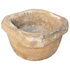 1930s Antique Round Marble Mortar Carved with a Square Shape on the Edge