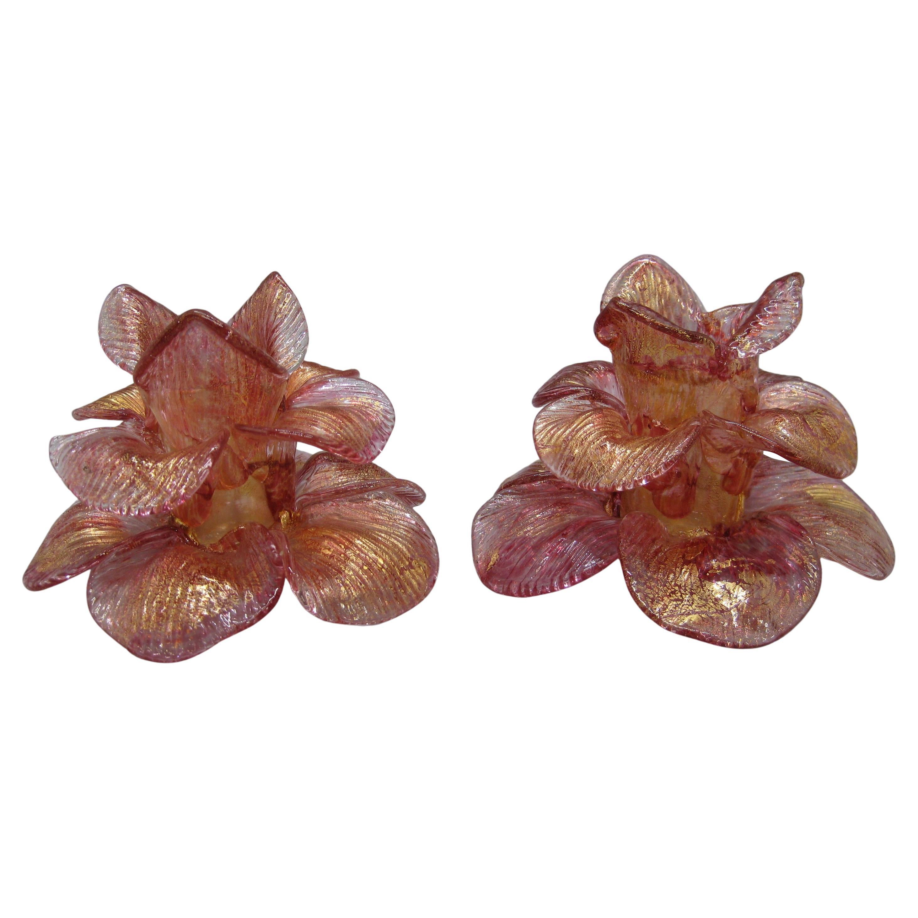 1930s Antique Salviati Venetian Murano Art Glass Flower Candle Holders Italy