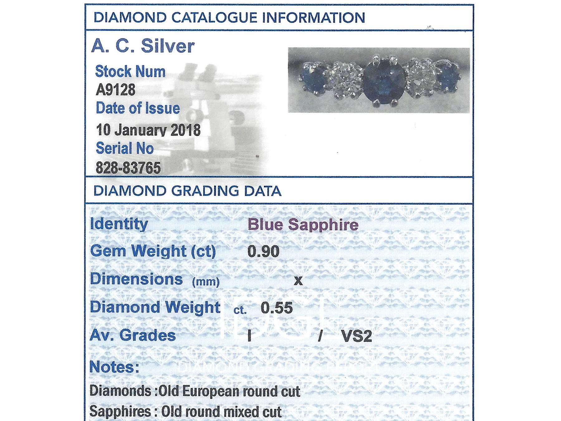 1930s Antique Sapphire & Diamond Platinum Five Stone Ring 1