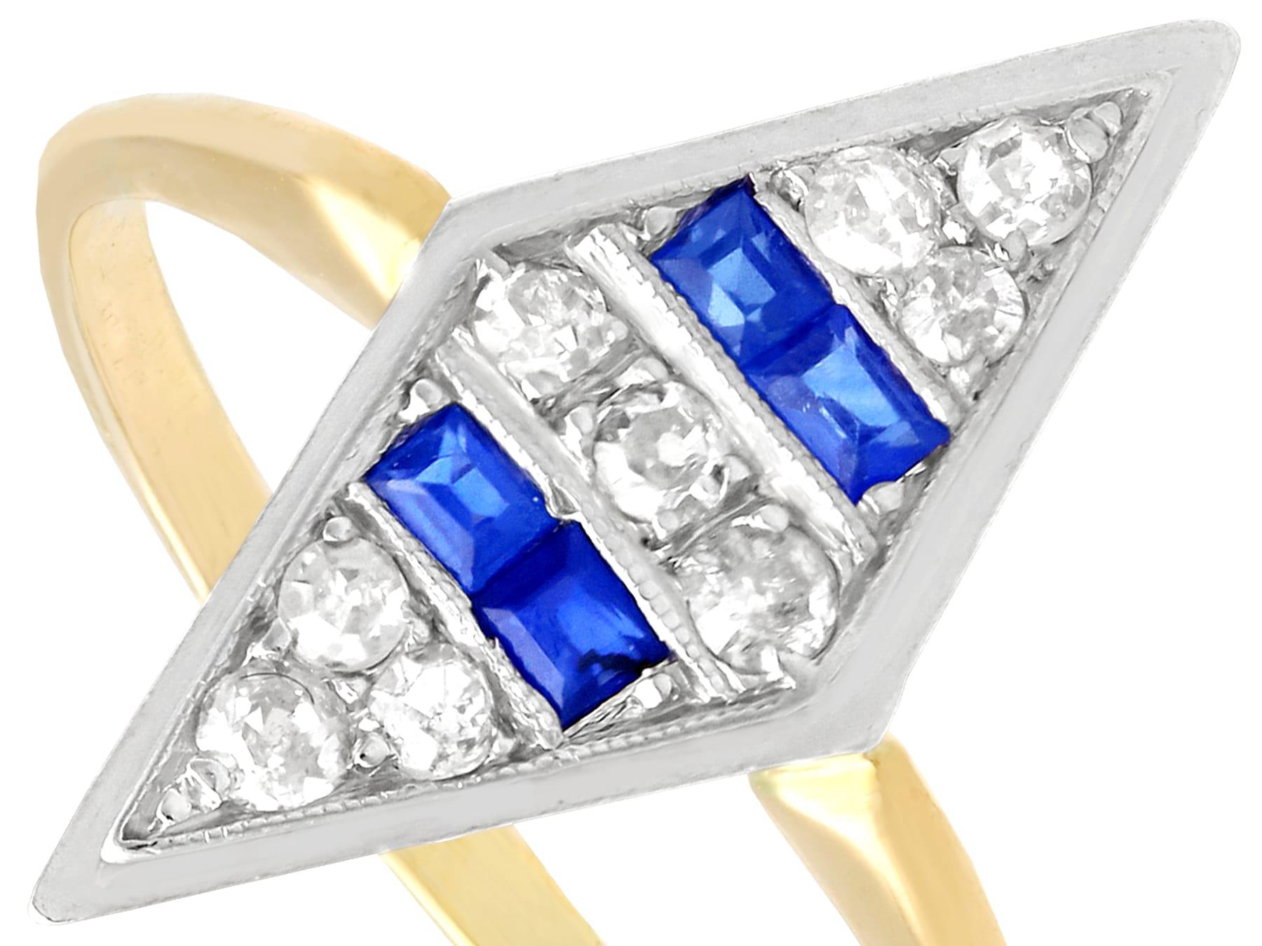 Square Cut 1930s Antique Sapphire and Diamond Yellow Gold Cocktail Ring For Sale