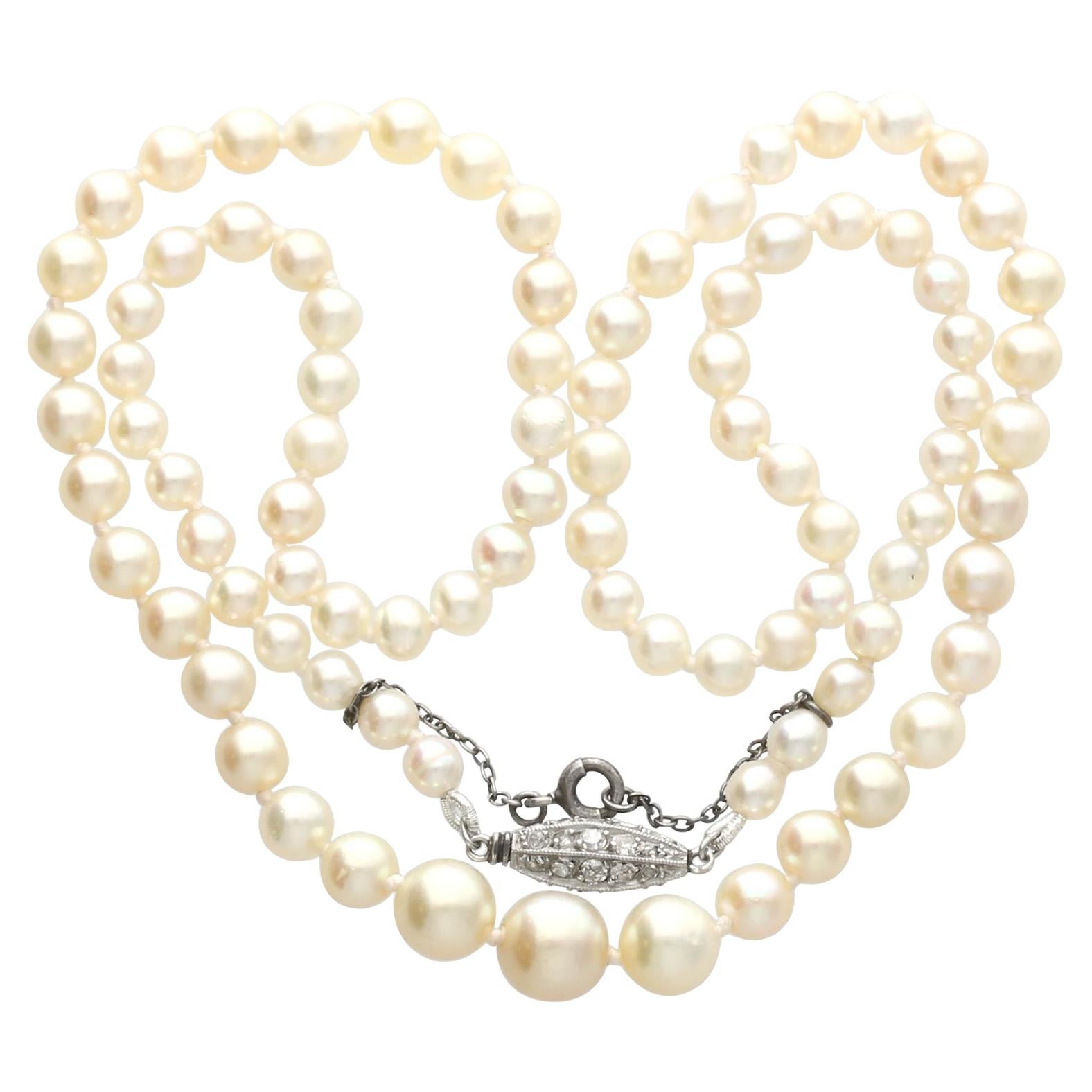 1930s Antique Single Strand Natural Pearl Necklace with Diamond Set Clasp