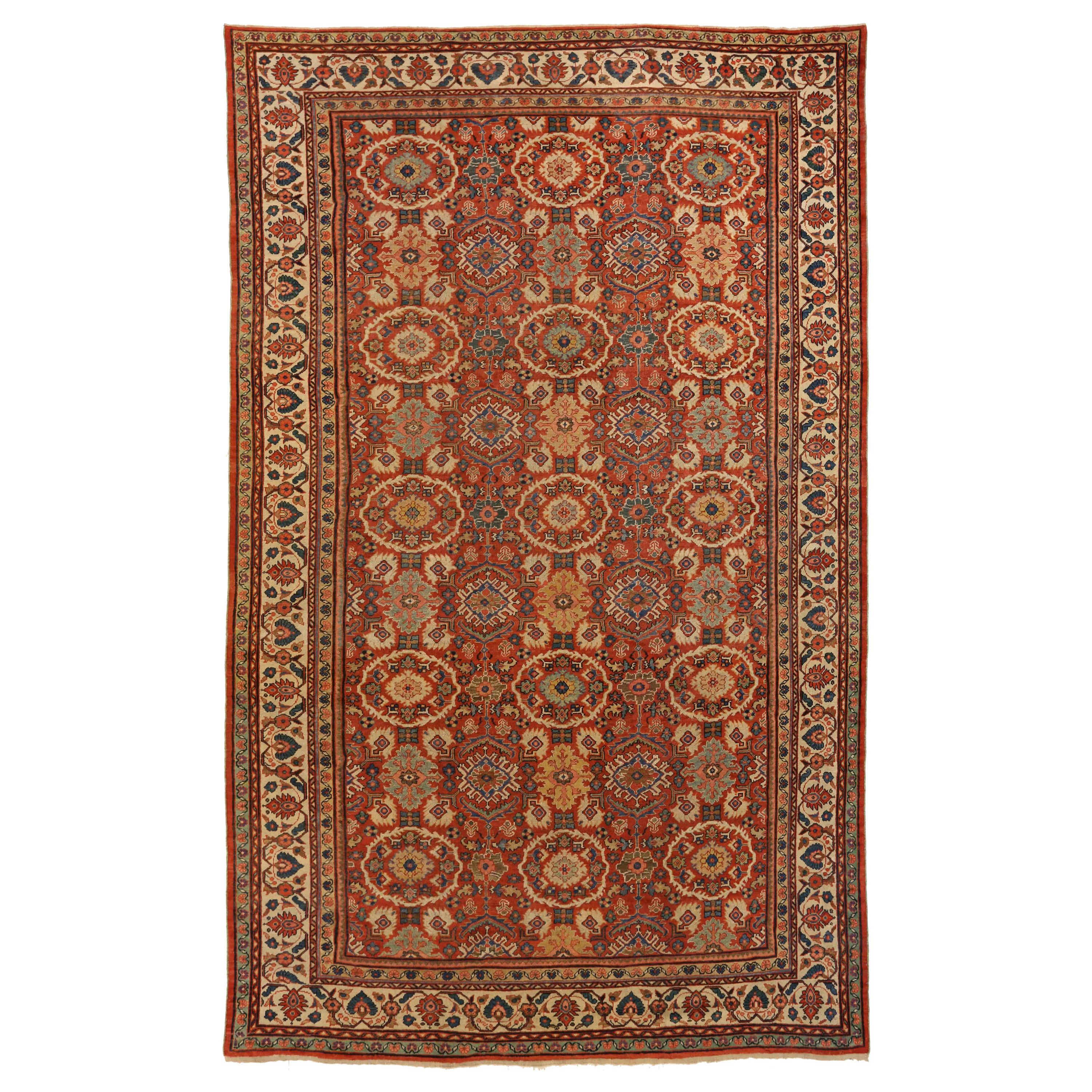 1930s Antique Sultanabad Persian Rug with Oval Floral Patterns in Ivory and Red For Sale