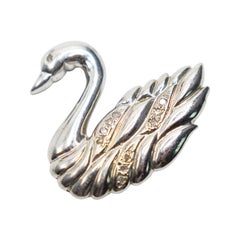 1930s Antique Swan with Diamonds Pin in 18 Karat Gold