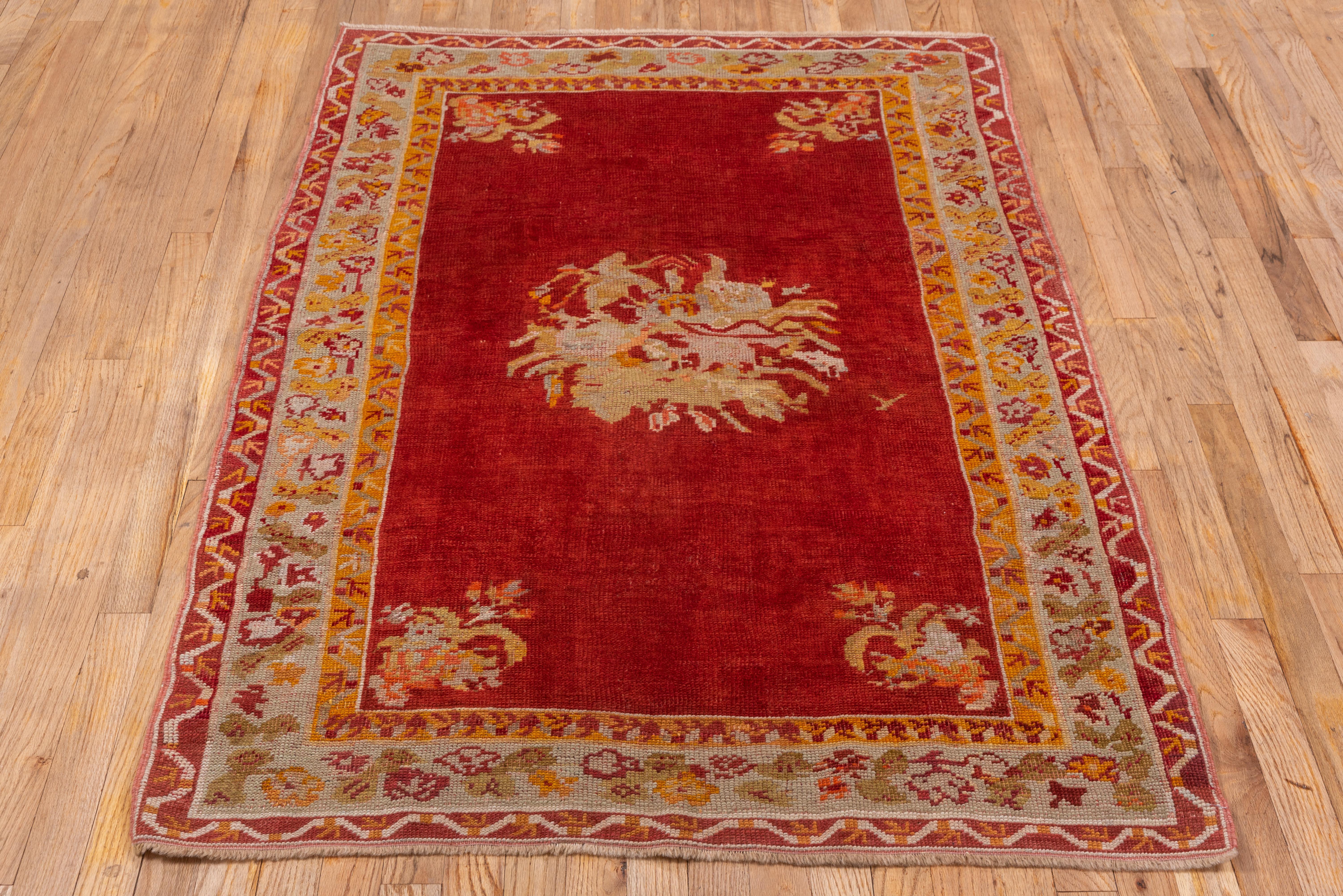 Hand-Knotted 1930s Antique Turkish Oushak Rug, Red Field, Floral Multicolored Borders For Sale