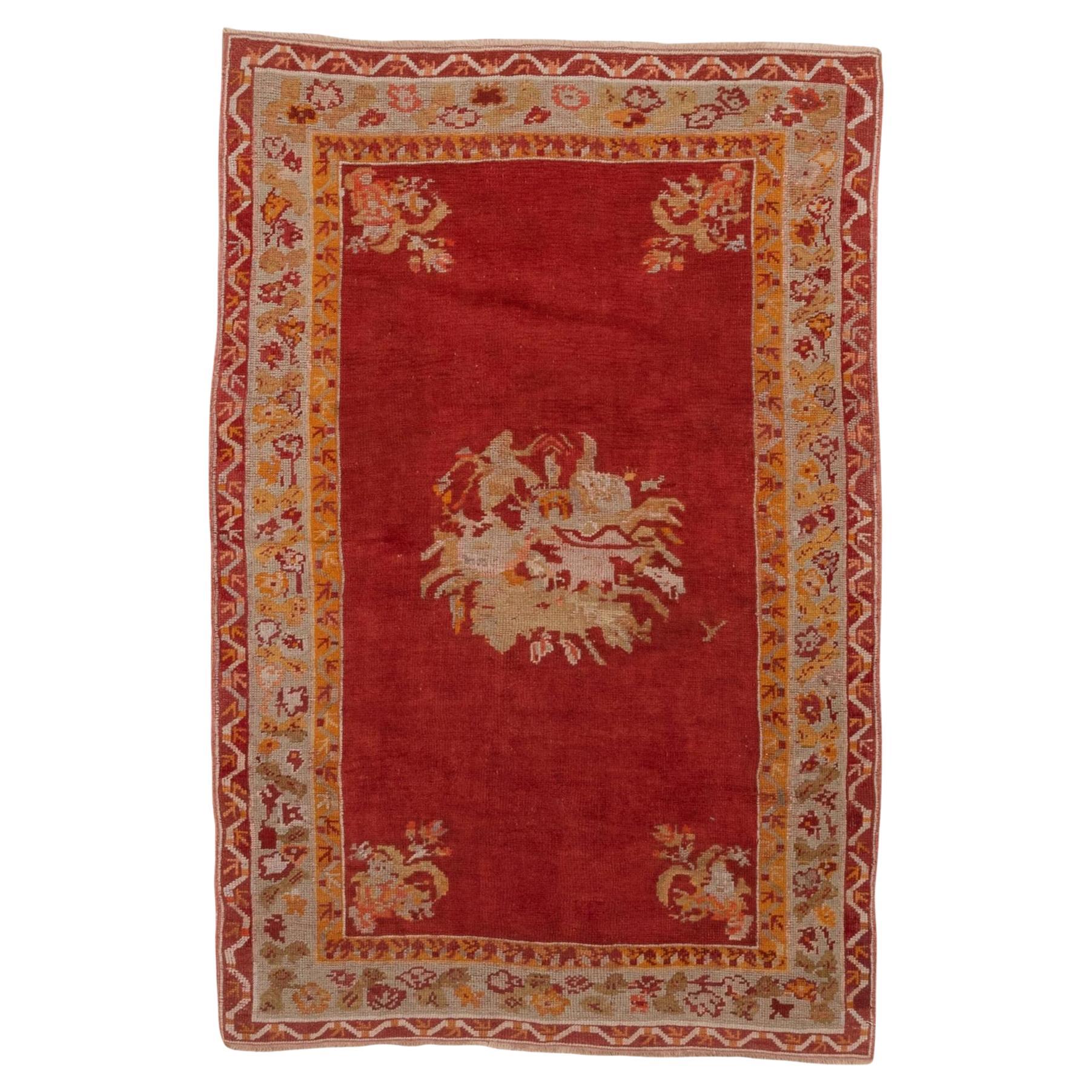 1930s Antique Turkish Oushak Rug, Red Field, Floral Multicolored Borders