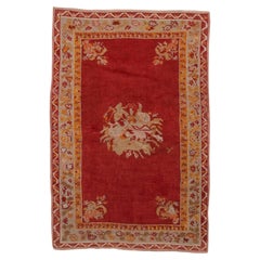 1930s Antique Turkish Oushak Rug, Red Field, Floral Multicolored Borders