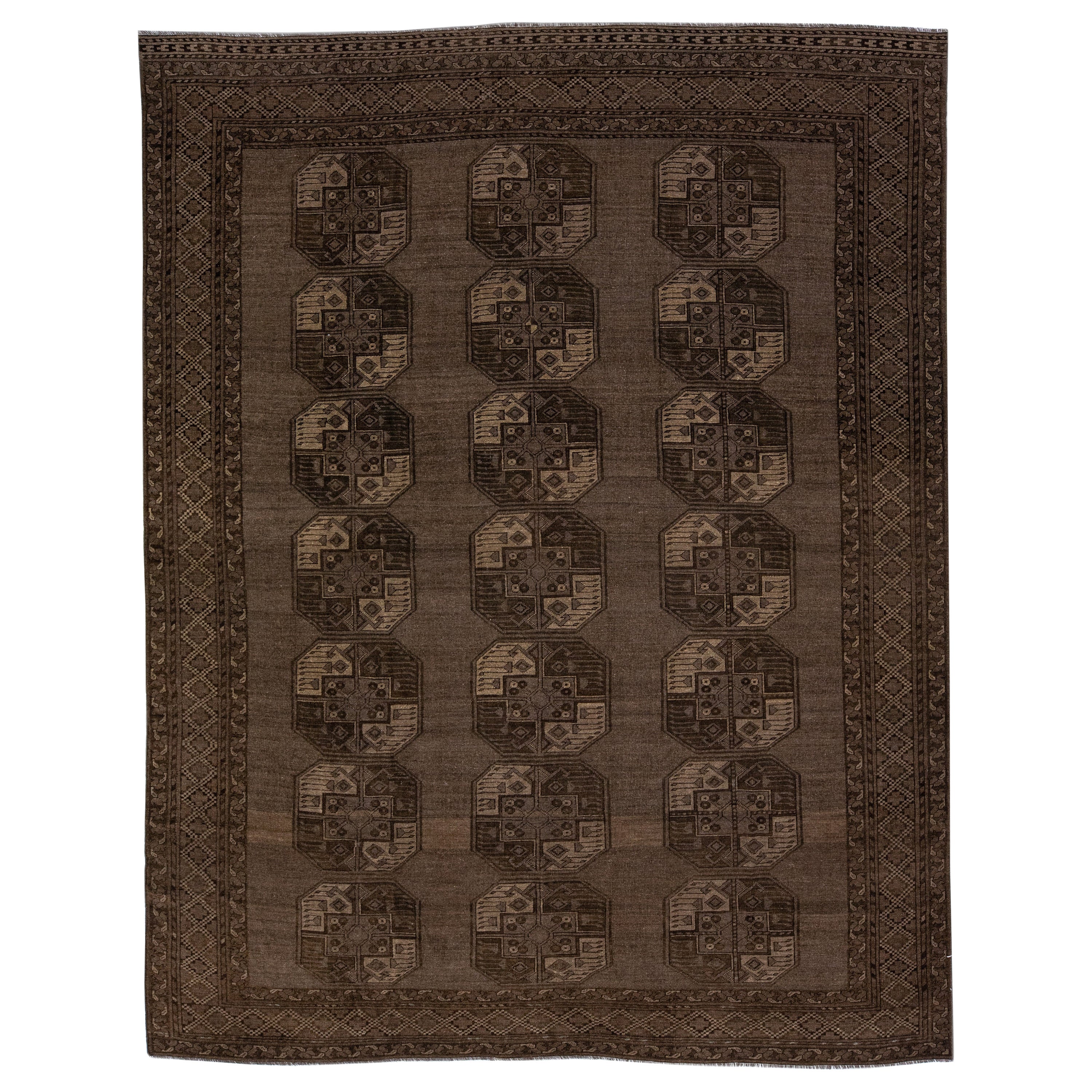 Tapis turc ancien en laine persane fait à la main des années 1930 avec motif géométrique en brun
