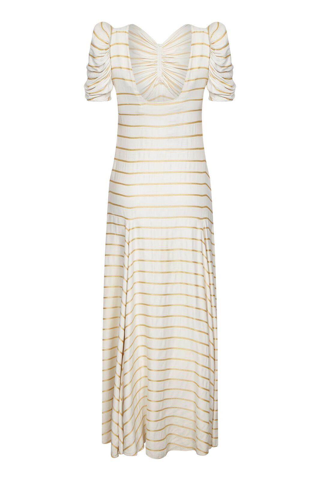 This sensational 1930s ivory silk gown with gold horizontal stripes absolutely exudes glamour and elegance. The fabric on the bodice is very finely gathered at the centre, creating a wonderful sunburst to flatter the bust. This dramatic feature is