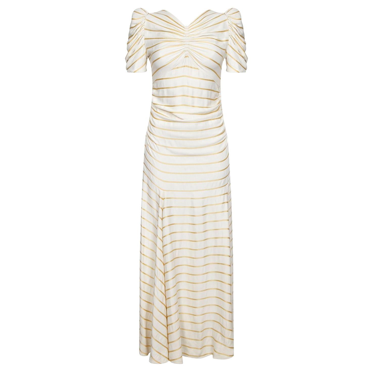 1930s Antique White Silk Dress With Gold Silk Thread Stripes For Sale