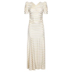 1930s Used White Silk Dress With Gold Silk Thread Stripes