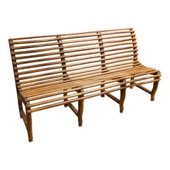 1930s Antique Wooden Bench with Rod Backrest and Metal Details