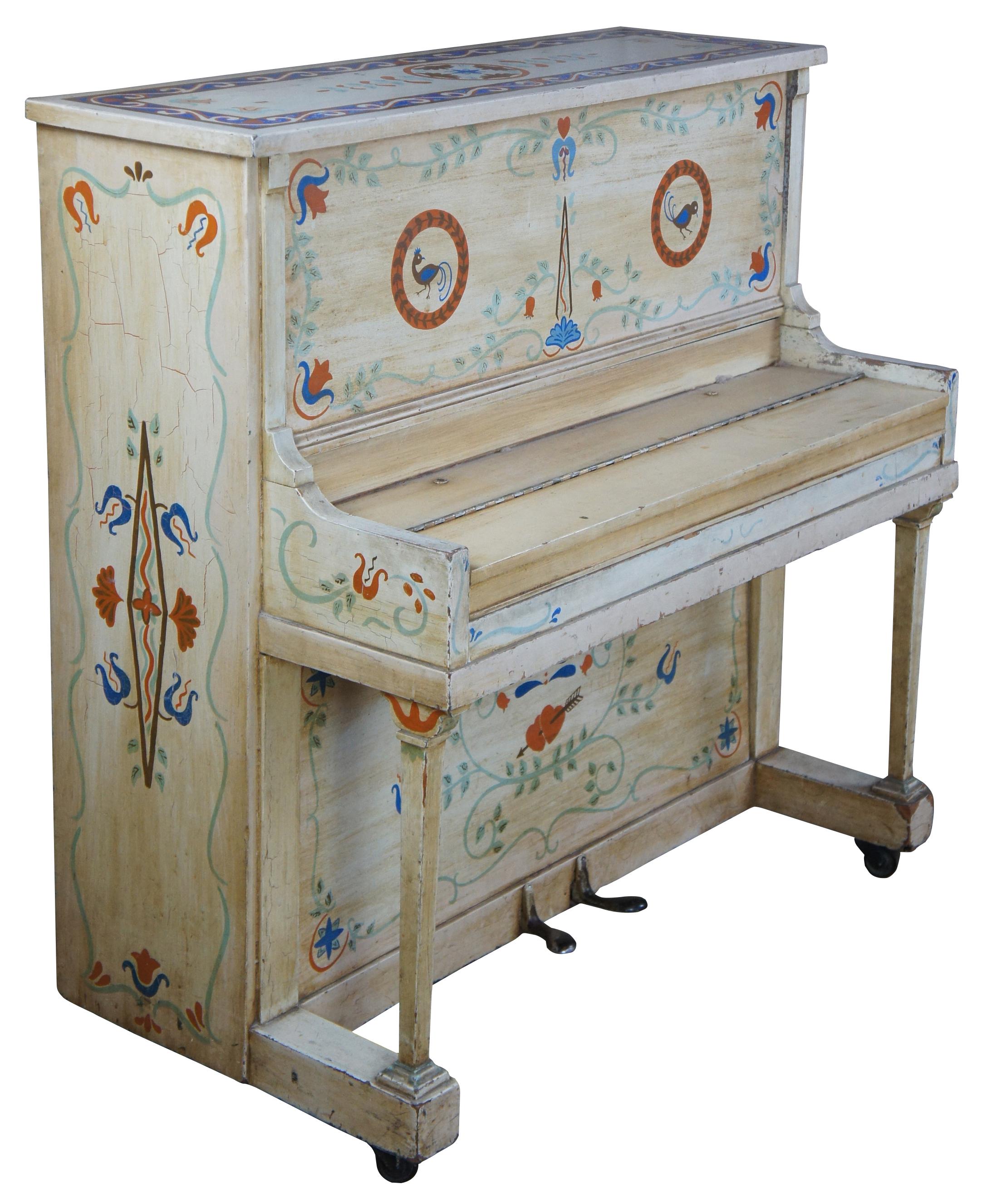 Wurlitzer upright piano, circa 1930-1935. Features a colorful hand painted exterior with roosters and flowers. Model # 117253. Perfect for use in studios or learner due to its smaller scale. Measure: 41