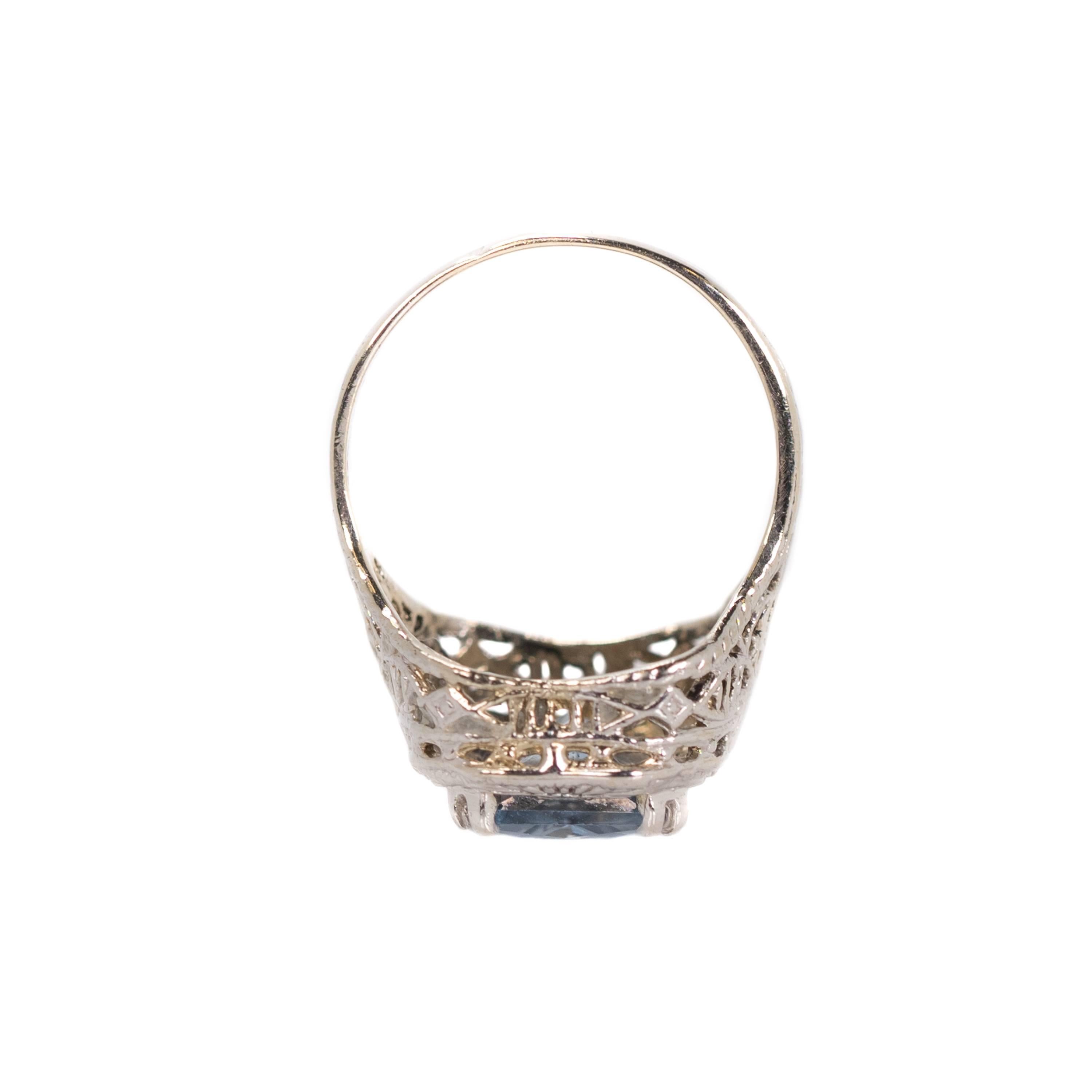 Women's 1930s Aqua Glass and 14 Karat White Gold Filigree Ring