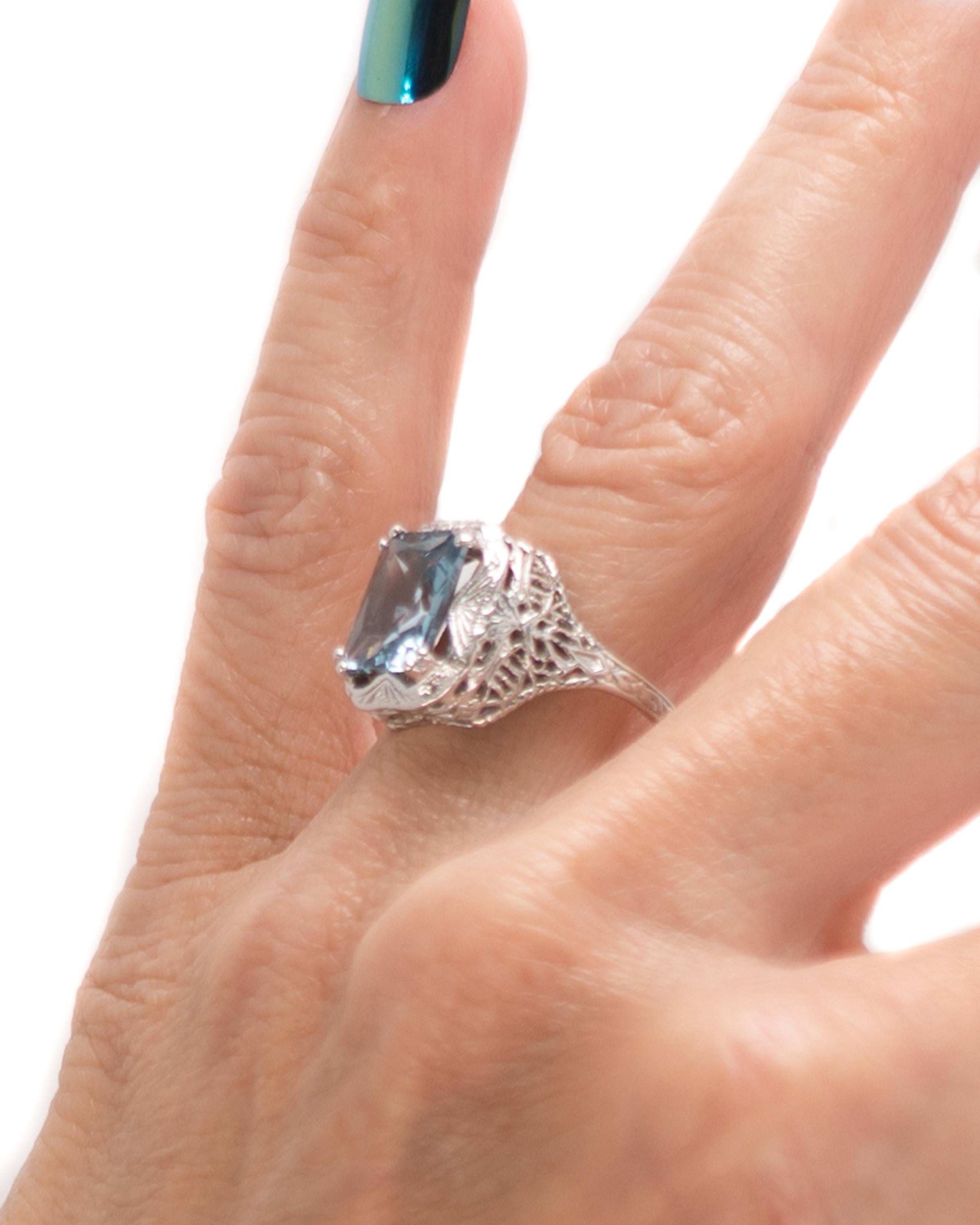 1930s Aqua Glass and 14 Karat White Gold Filigree Ring 2