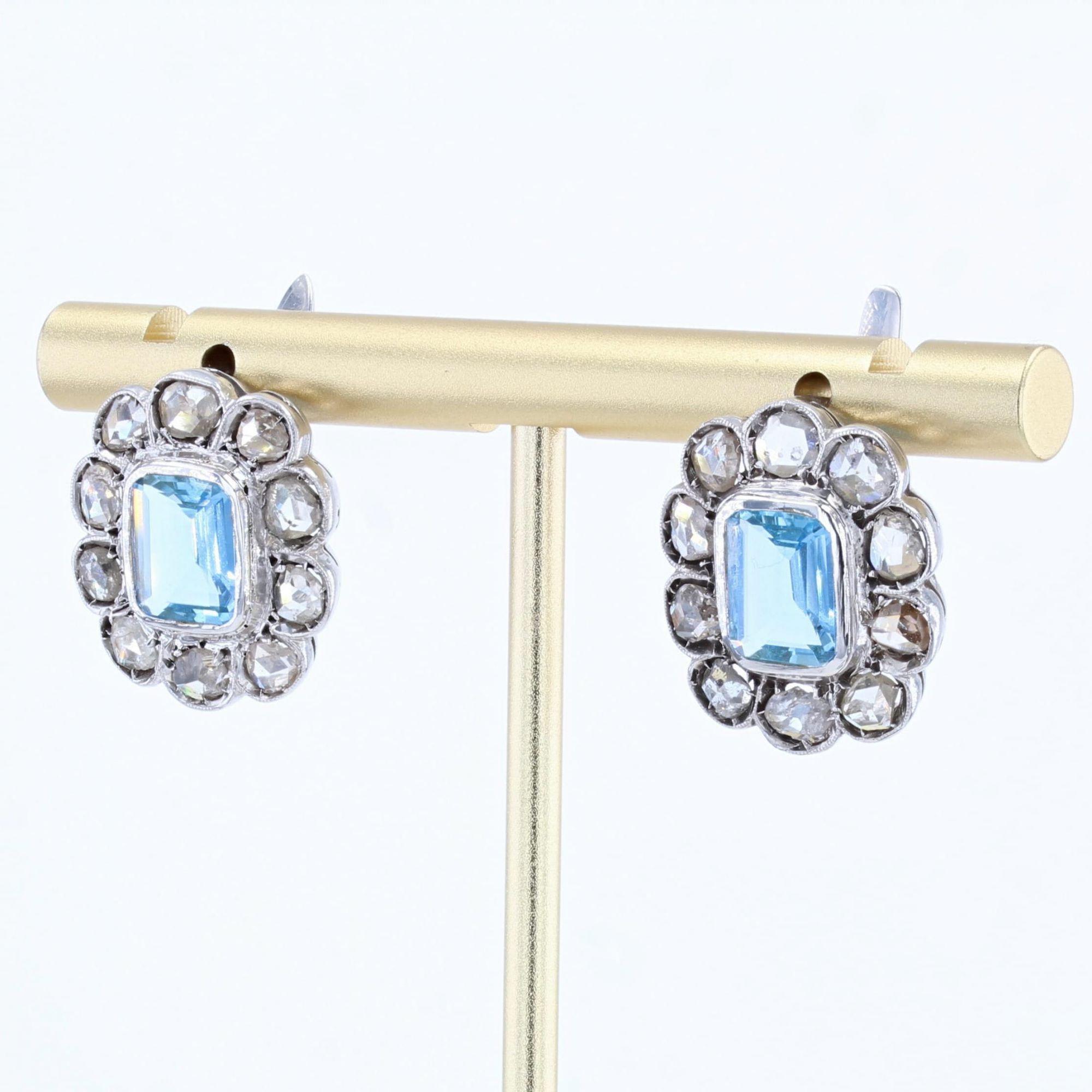 Emerald Cut 1930s Aquamarine Diamonds 18 Karat White Gold Daisy Stud Earrings For Sale