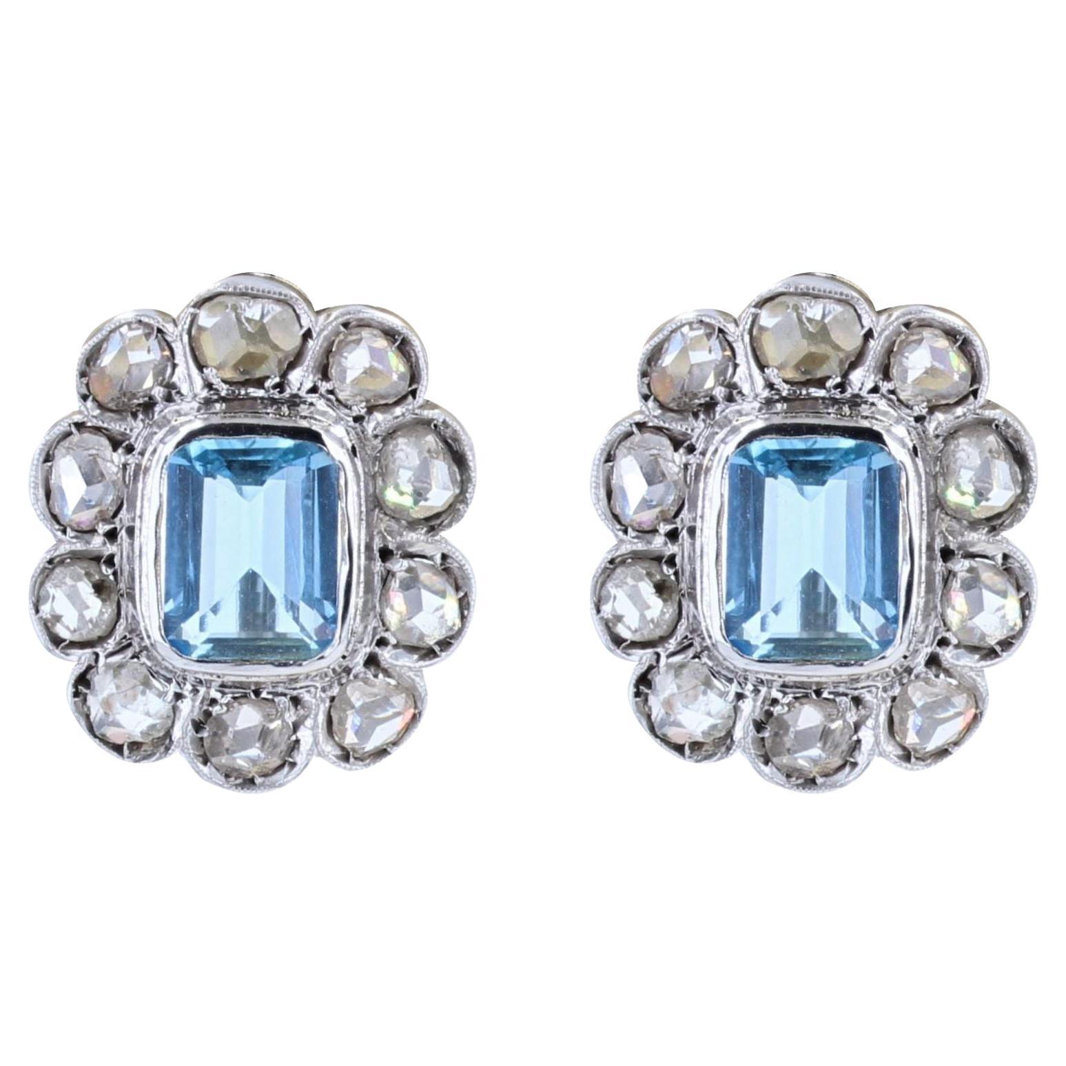 1930s Aquamarine Diamonds 18 Karat White Gold Daisy Stud Earrings For Sale