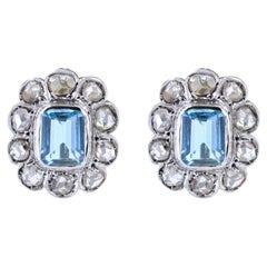 Vintage 1930s Aquamarine Diamonds 18 Karat White Gold Daisy Stud Earrings