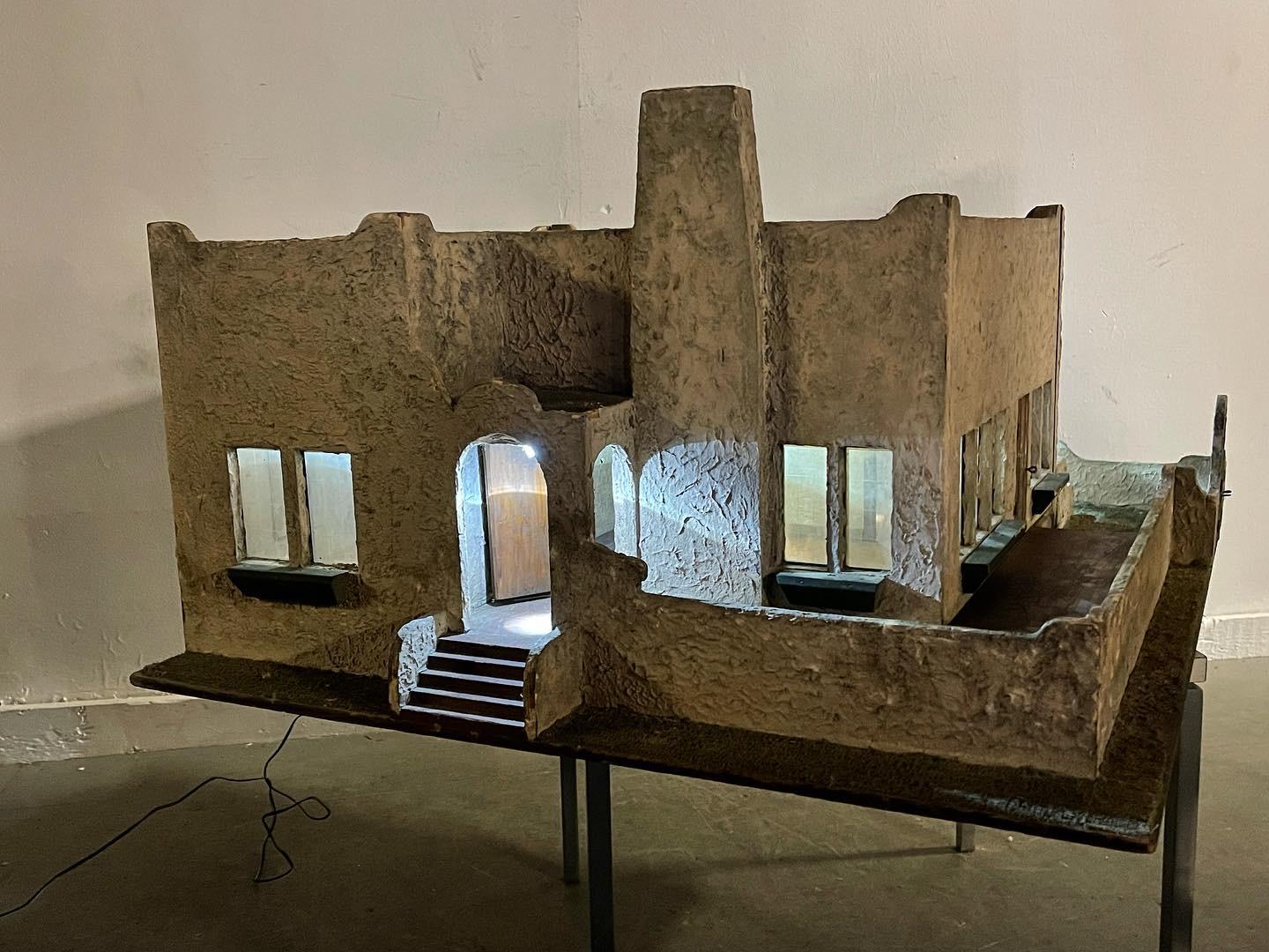 1930s Architectural Model, possibly a hand made doll house? Modernist Adobe Home. Amazing design, proportion. Color, patina, surface. Very detailed. Removable exterior walls, working light fixtures in each room as well as outdoor porch light.