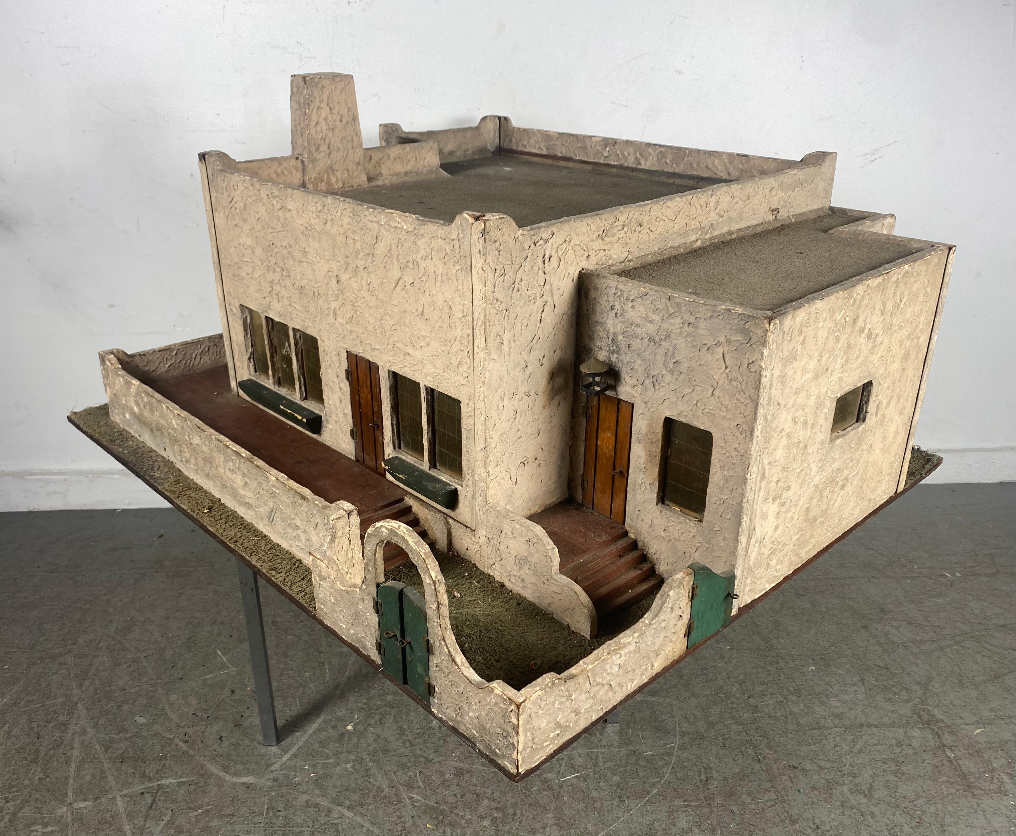 American 1930s Architectural Model, 'Doll House', Modernist Adobe Home, Interior Lighting For Sale