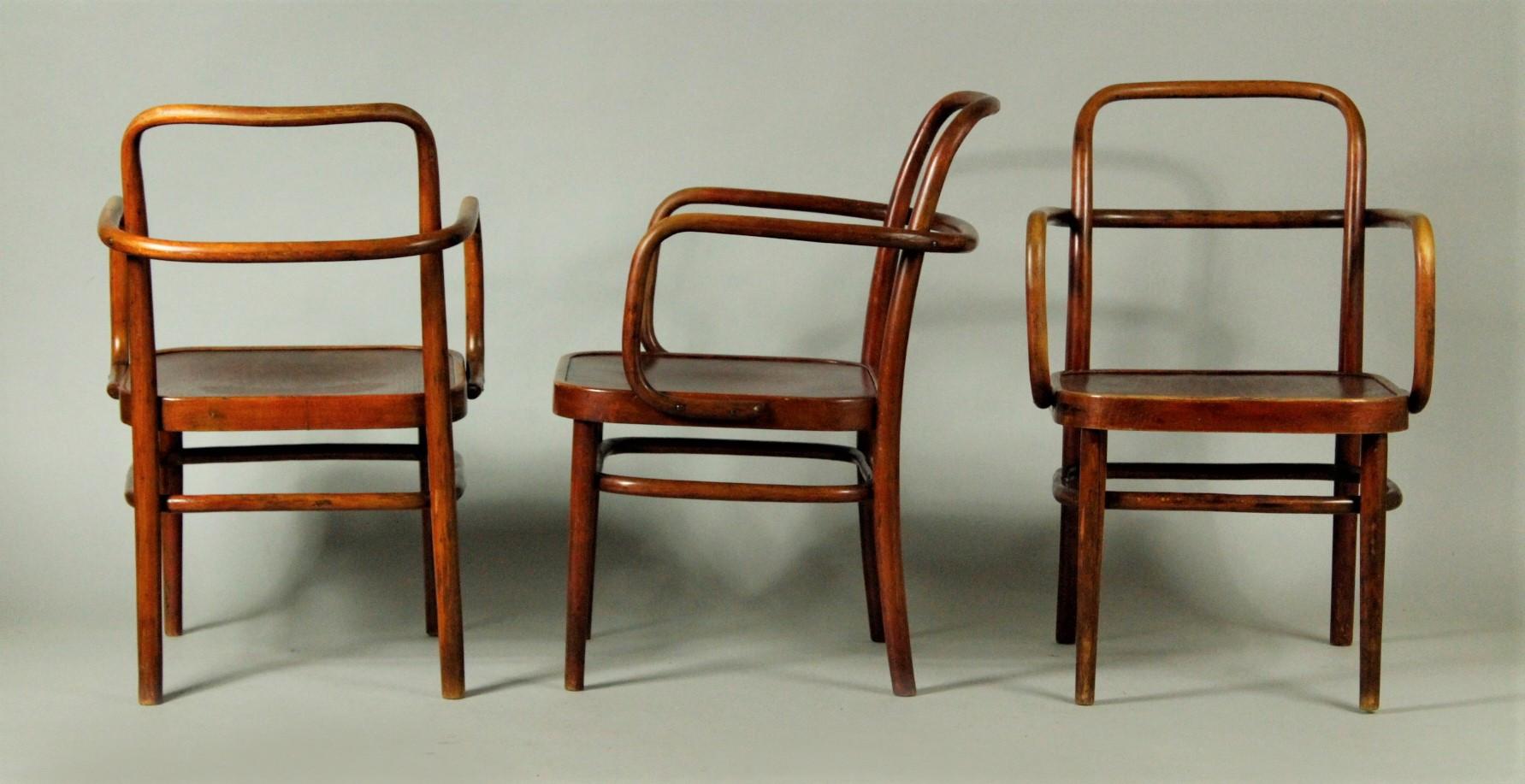 Three armchairs mod. A 64 F designed by Gustav Adolf Schneck in 1925, manufactured by Thonet. All armchairs are marked with Thonet brandmark. They are in very good original condition with stable constuction, the original red shellac polish has been