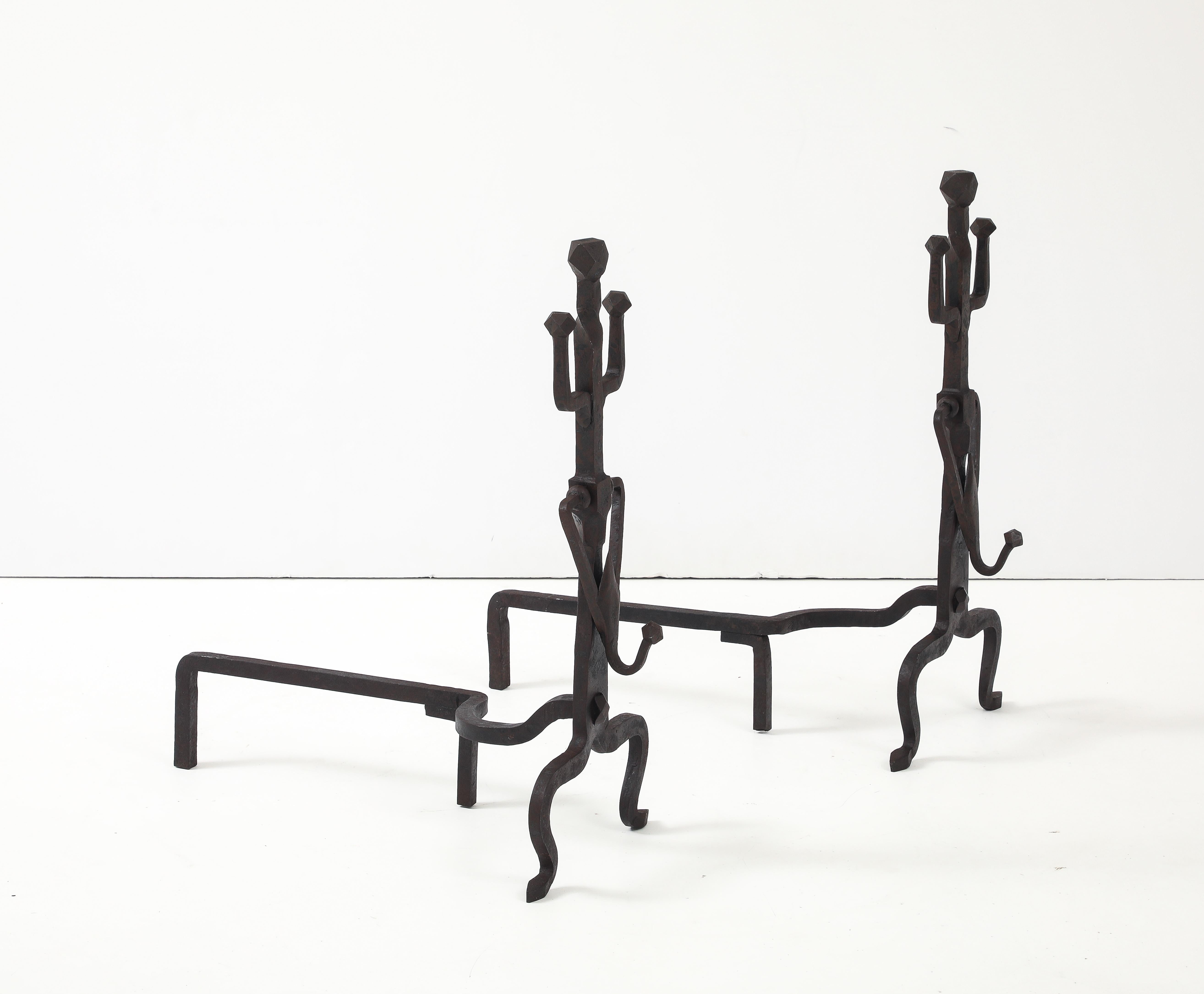 1930's Art And Crafts Abstract Large Iron Andirons For Sale 4