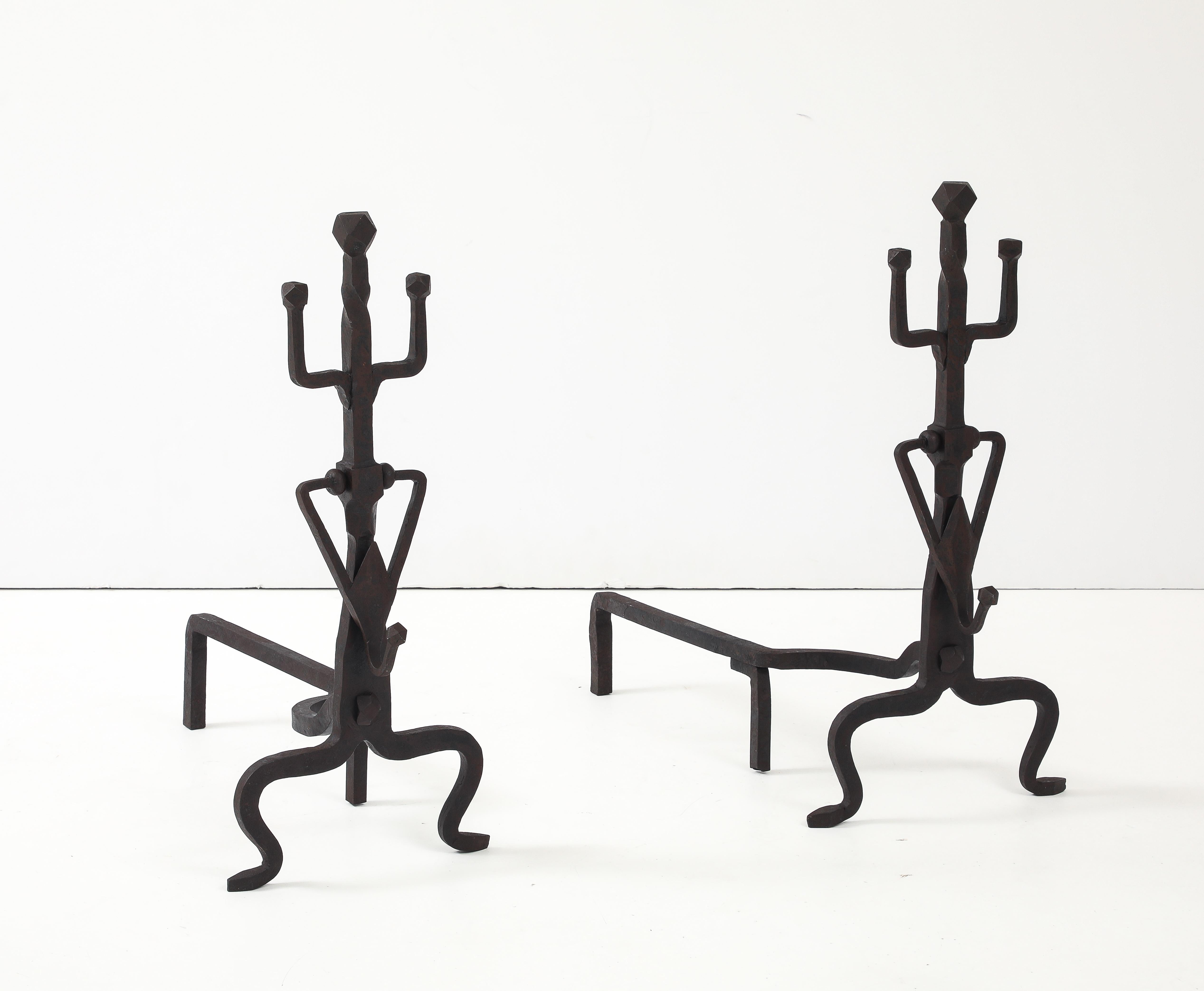 1930's Art And Crafts Abstract Large Iron Andirons For Sale 5