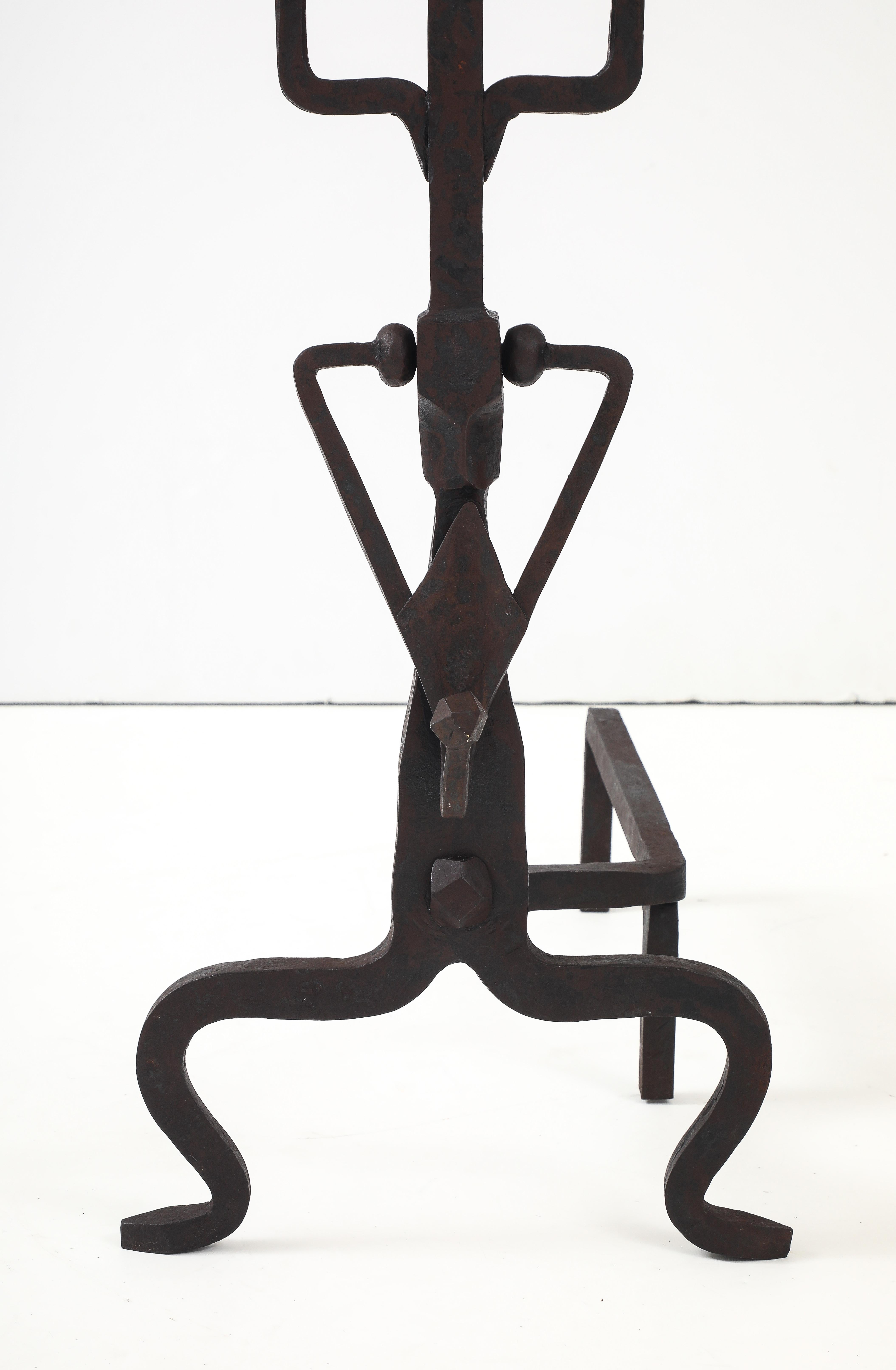 1930's Art And Crafts Abstract Large Iron Andirons For Sale 1
