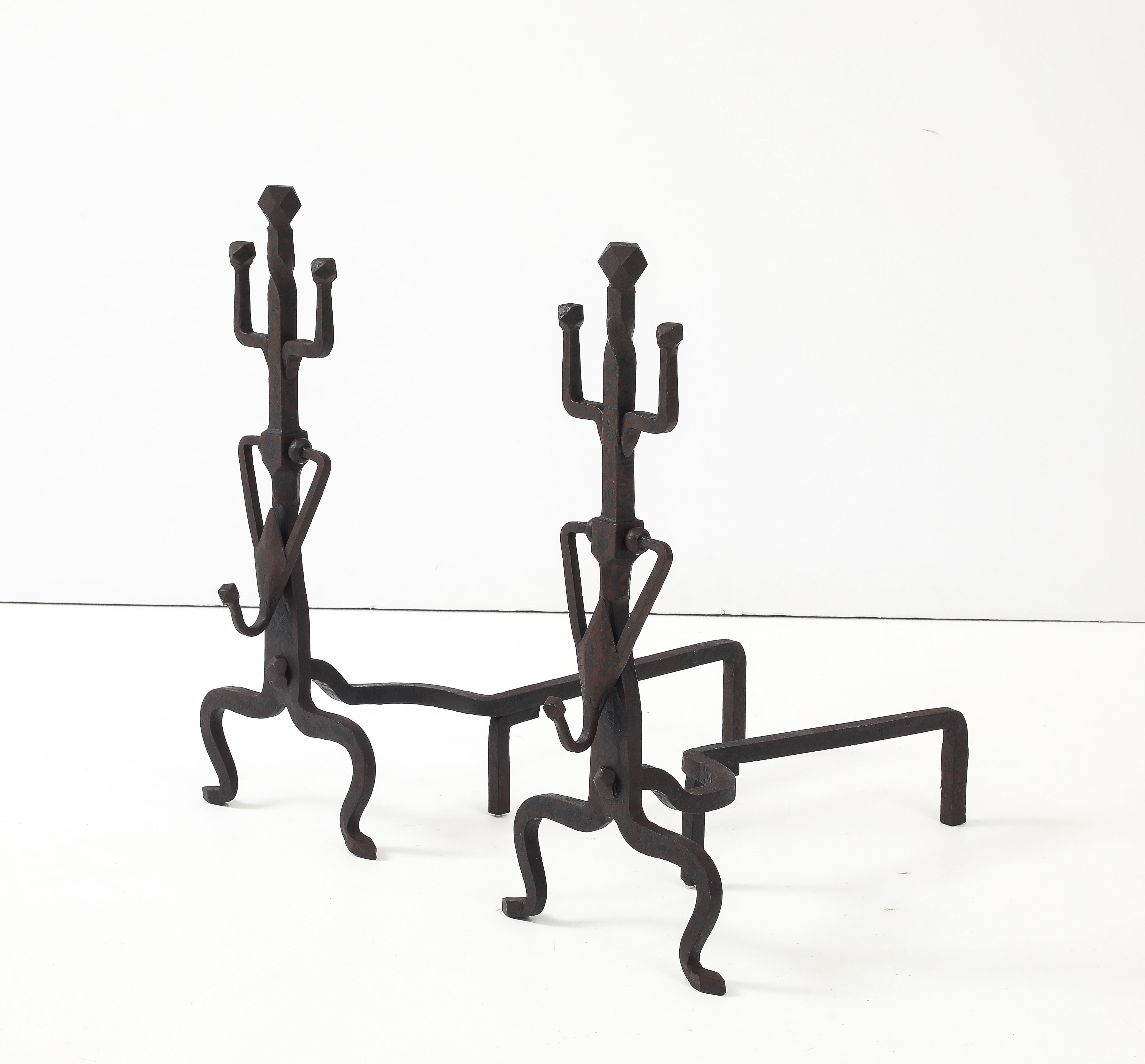1930's Art And Crafts Abstract Large Iron Andirons For Sale 2