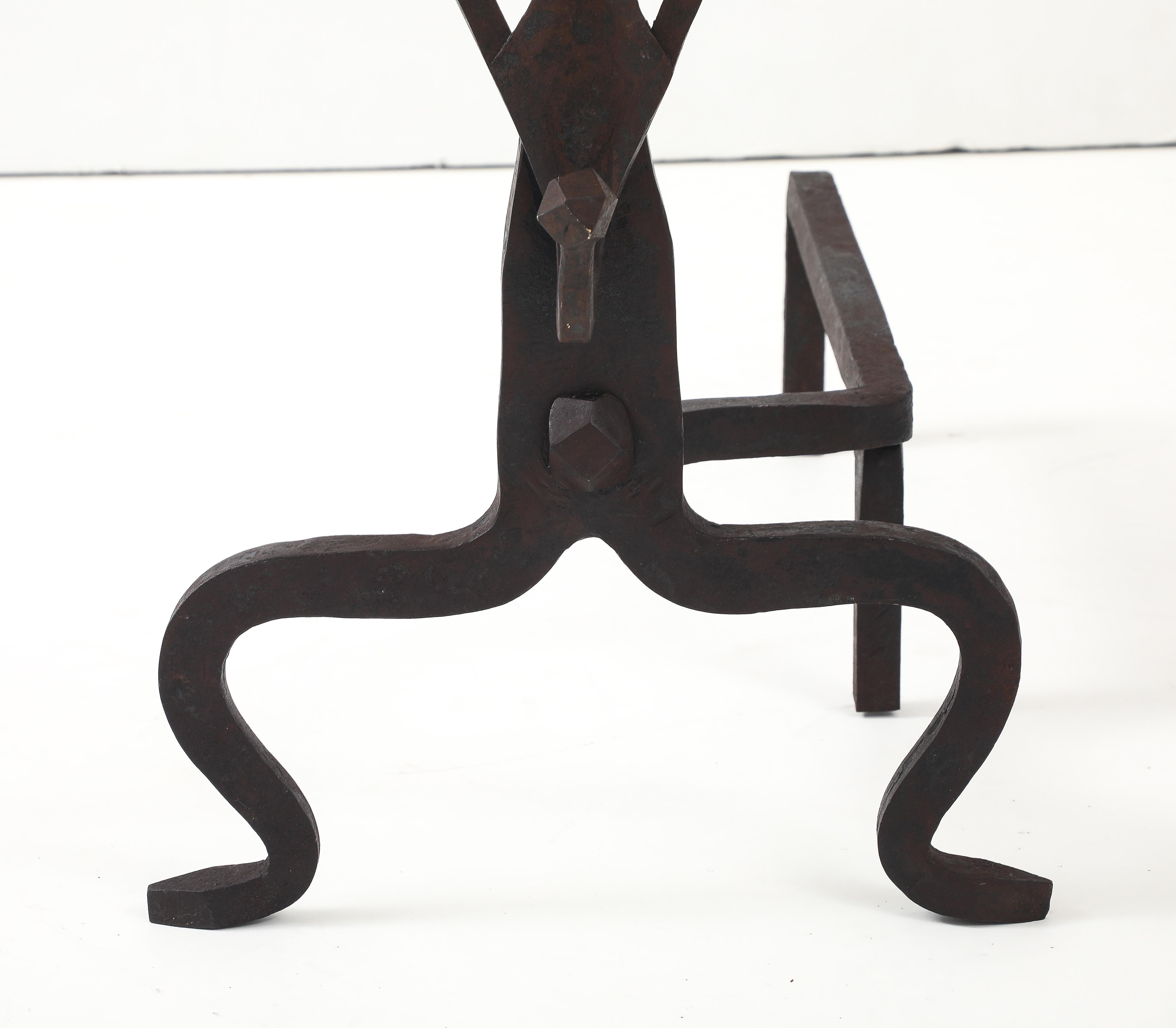 1930's Art And Crafts Abstract Large Iron Andirons For Sale 3
