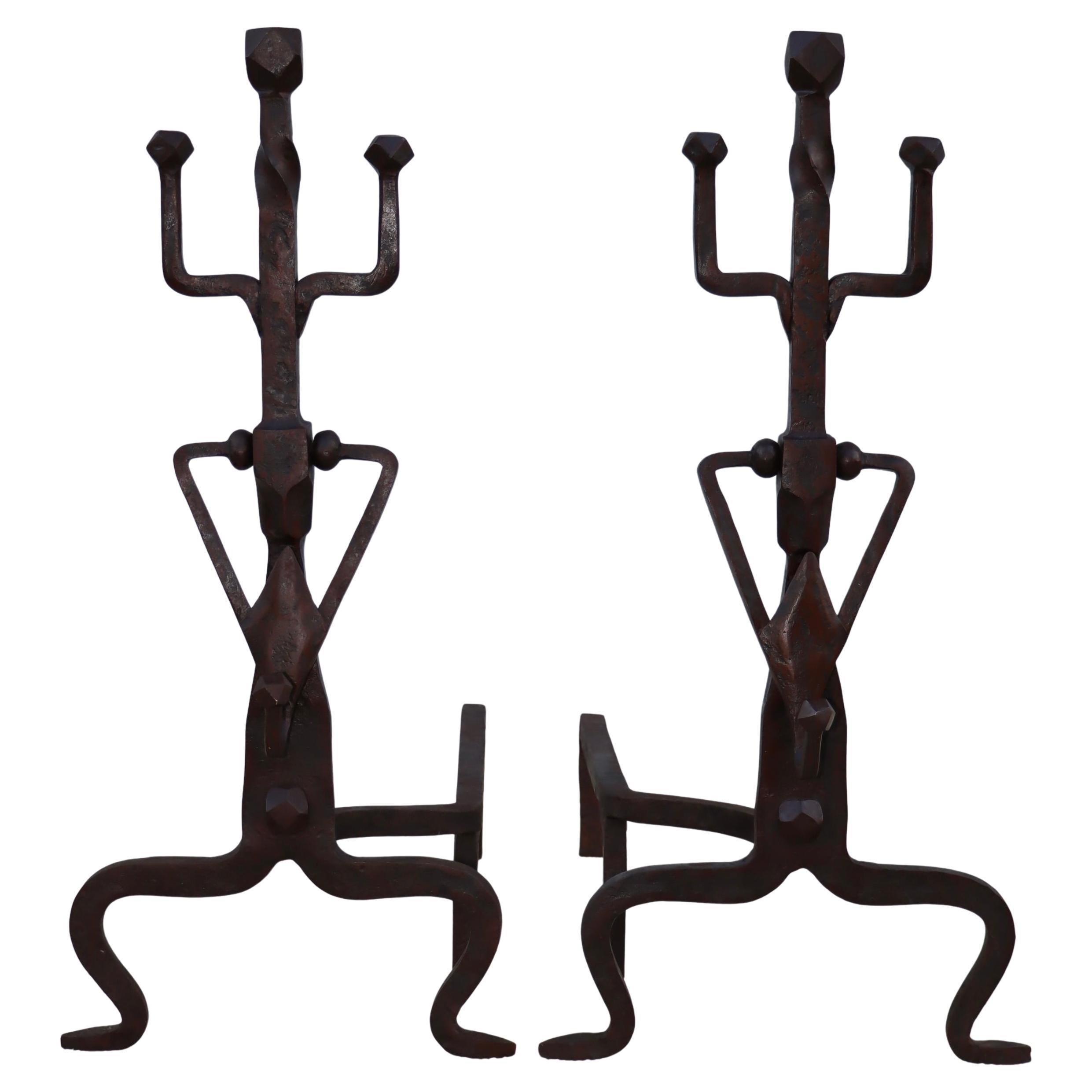 1930's Art And Crafts Abstract Large Iron Andirons