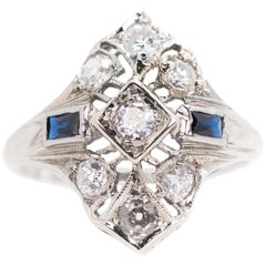 Bague de fiançailles Art déco des années 1930 en platine avec diamant de 0,25 carat et saphir