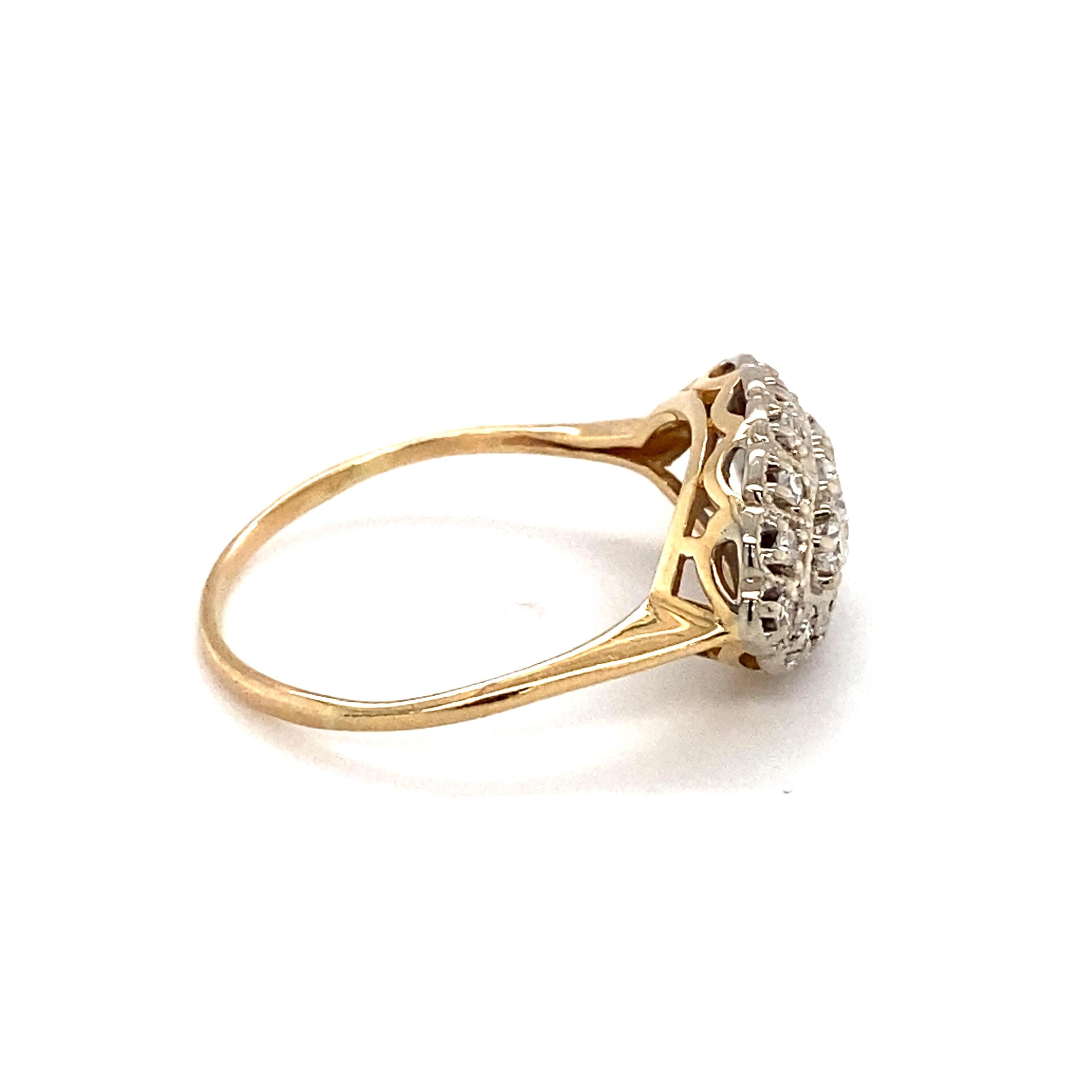 Circa: 1930
Metal Type: 14 Karat White and Yellow Gold
Weight: 4.4 grams
Size: US 10, resizable

Diamond Details:

Carat: 0.25 carat total weight
Shape: Single cut and round diamonds
Color: G/H
Clarity: VS
 