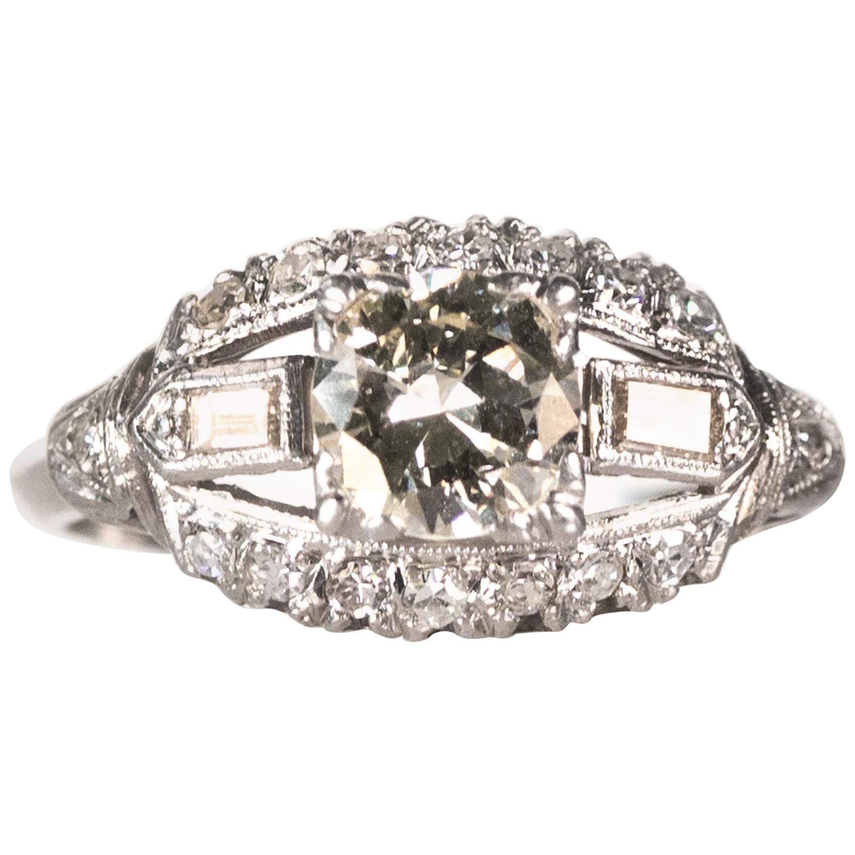 1930s Art Deco 0.80 Carat Old European Diamond Platinum Engagement Ring