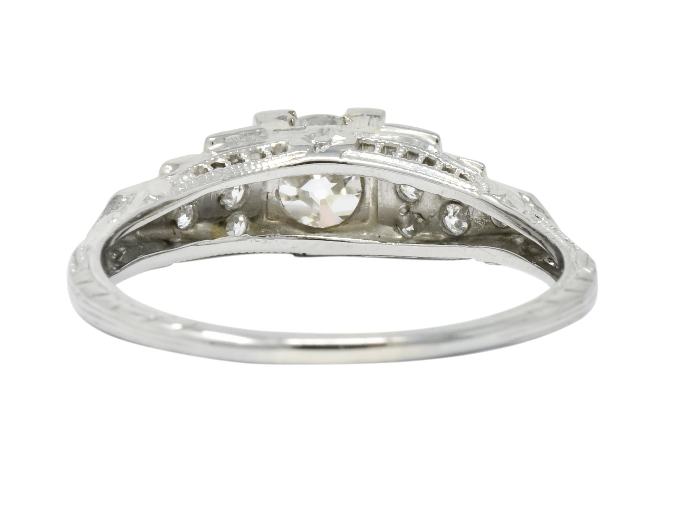 1930s Art Deco 0.81 Carat Diamond 18 Karat White Gold Engagement Ring In Excellent Condition In Philadelphia, PA