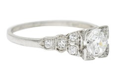 1930's Art Deco 0.96 Carat European Diamond Platinum Foliate Engagement Ring GIA
