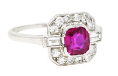 1930's, Art Deco 1.15 Carats No Heat Burma Ruby Diamond Platinum Cushion Ring