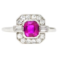 Vintage 1930's, Art Deco 1.15 Carats No Heat Burma Ruby Diamond Platinum Cushion Ring