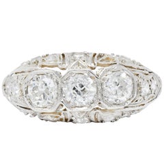 1930s Art Deco 1.16 Carat Diamond Platinum Three-Stone Dinner Ring