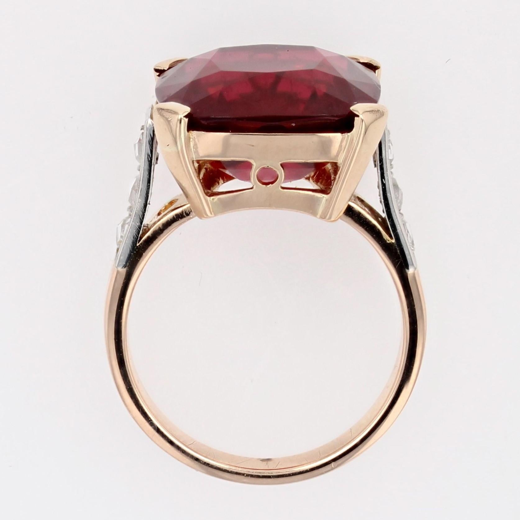 1930s Art Deco 11.70 Carats Cushion Tourmaline Diamonds 18 Karat Rose Gold Ring For Sale 9