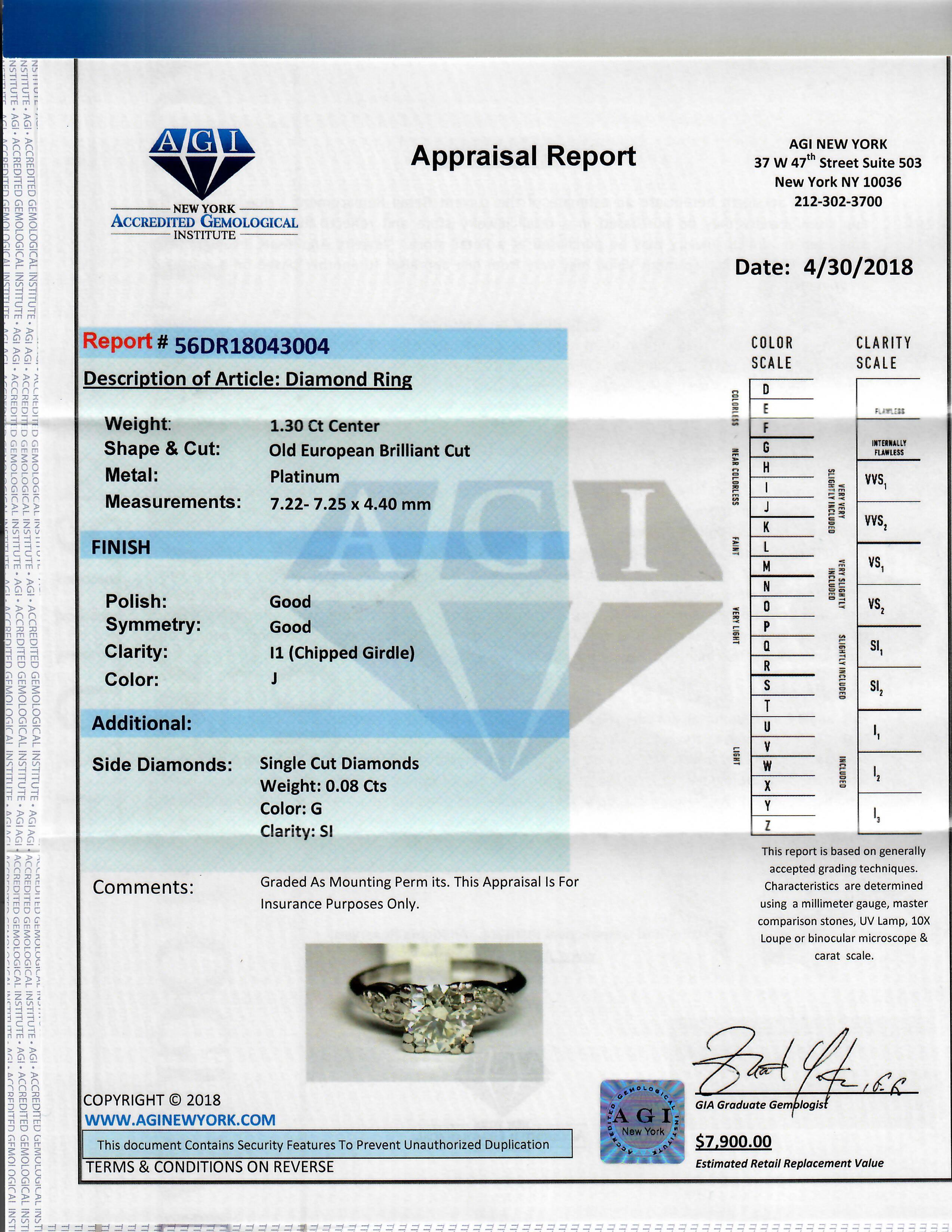 Beautiful Art deco diamond engagement ring with old European round brilliant cut diamond in the center,weighing 1.30 carats J color and I1 clarity set in platinum mounting.Certified by Accredited Gemological Institute, AGI New York