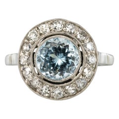 1930s Art Deco 1.33 Carat Aquamarine Diamonds 18 Karats White Gold Round Ring