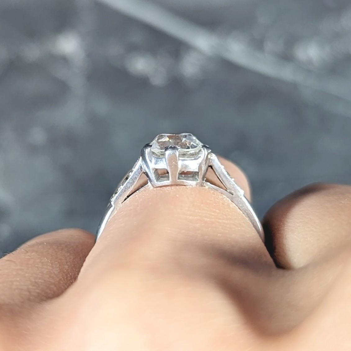 1930's Art Deco 1.34 CTW Old Mine Cut Diamond Platinum Six Prong Engagement Ring For Sale 6
