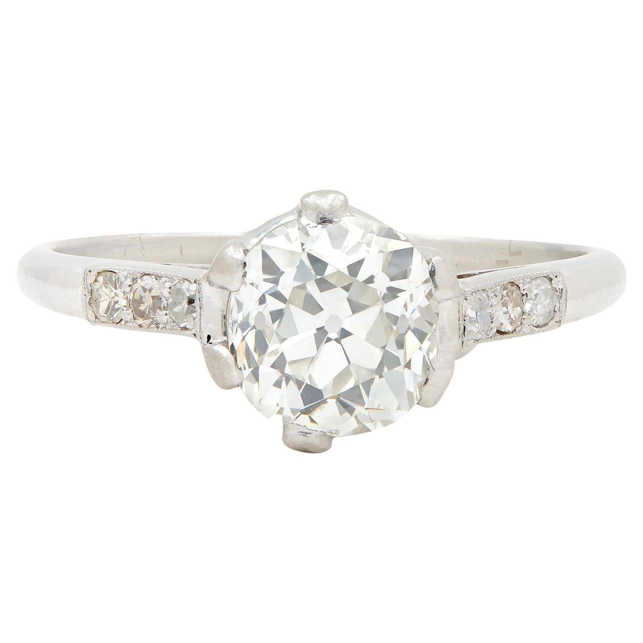 1930's Art Deco 1.34 CTW Old Mine Cut Diamond Platinum Vintage Engagement Ring For Sale
