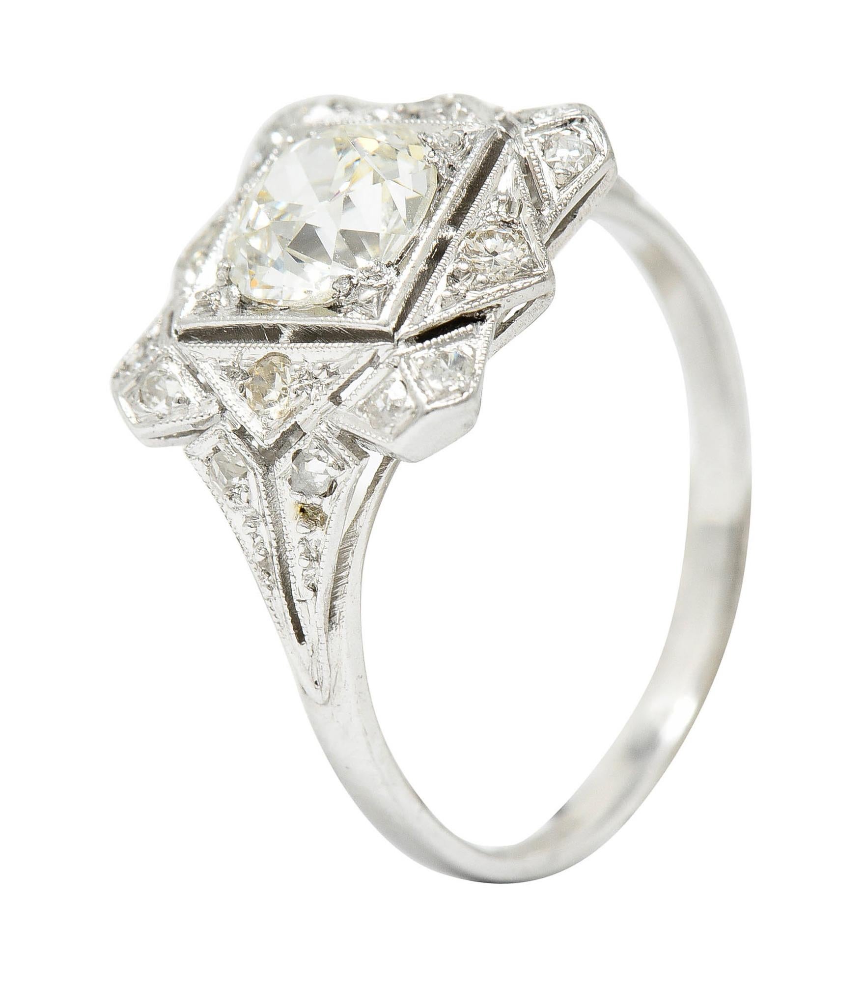 1930's Art Deco 1.40 Carats Diamond Platinum Geometric Dinner Ring GIA 5