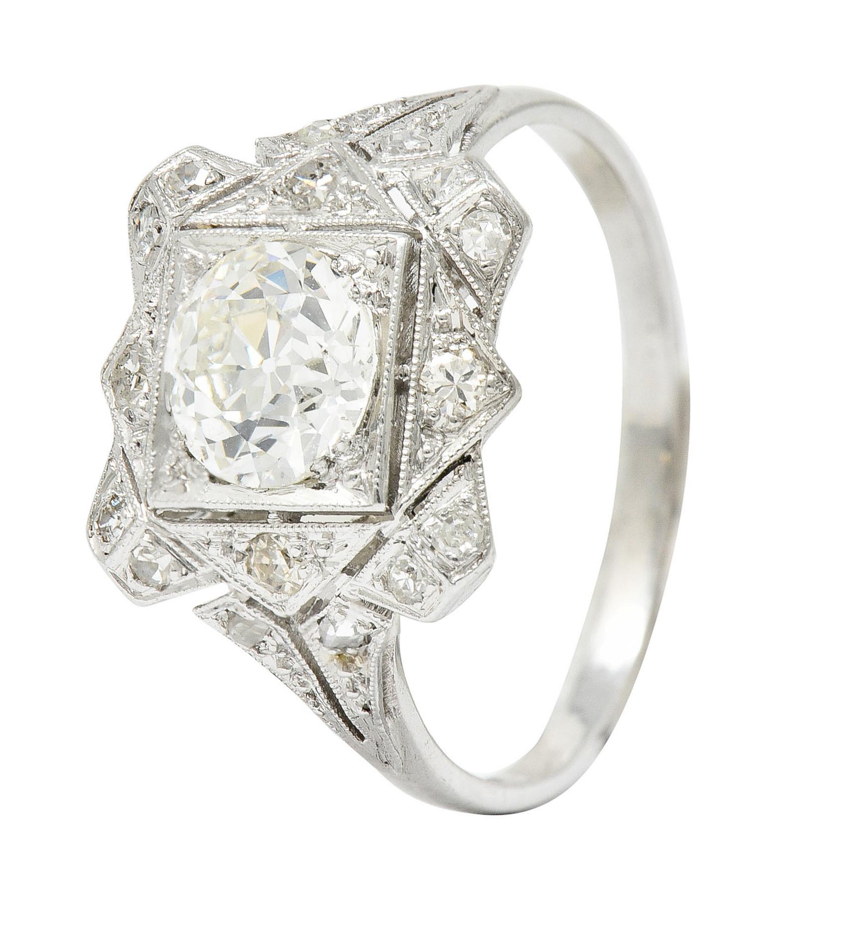 1930's Art Deco 1.40 Carats Diamond Platinum Geometric Dinner Ring GIA 6